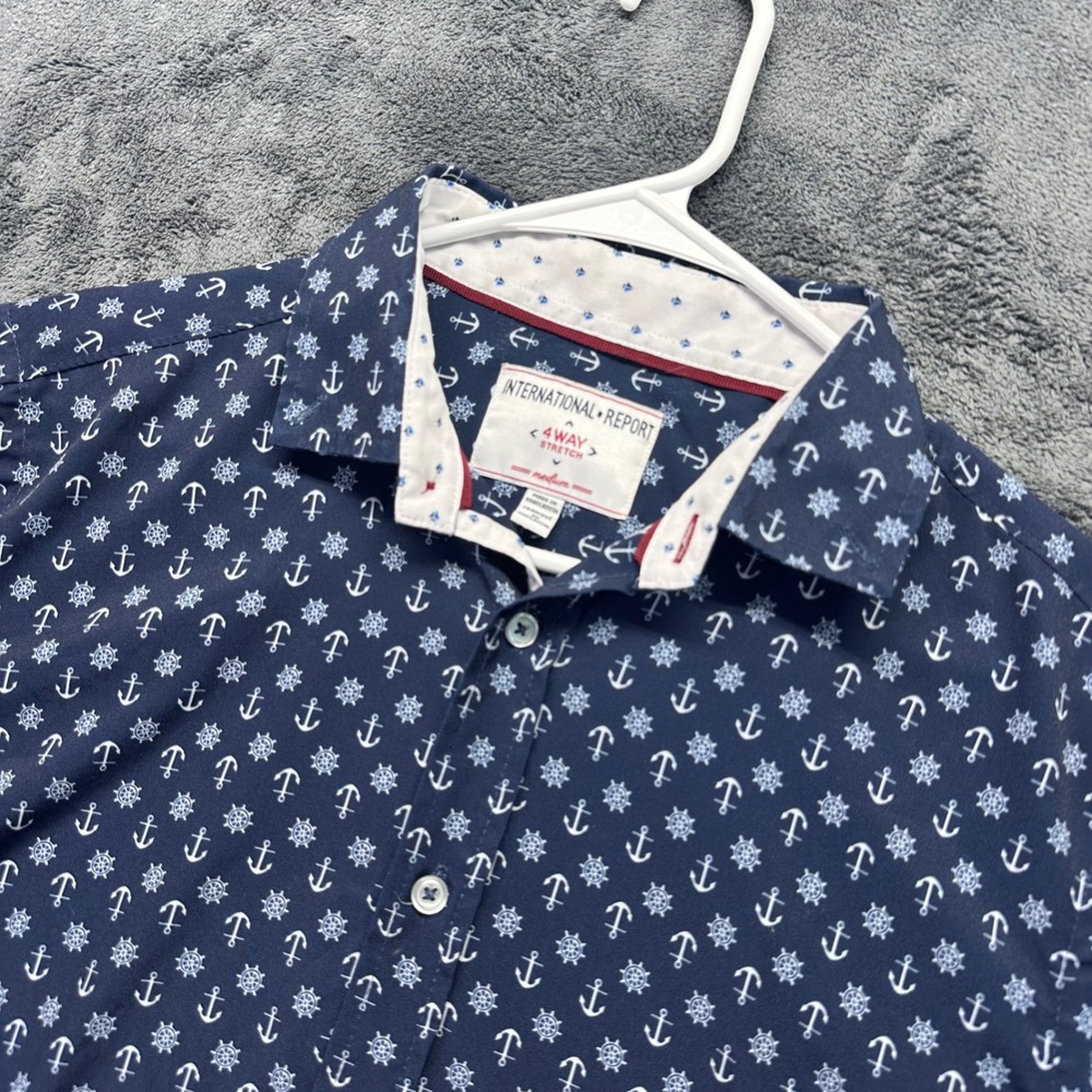 International Report 4-Way Stretch Shirt Men's Medium Blue Nautical Anchor Print
